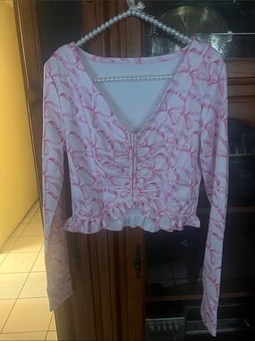 Pink Ruched V-Neck Long Sleeve Peplum Top